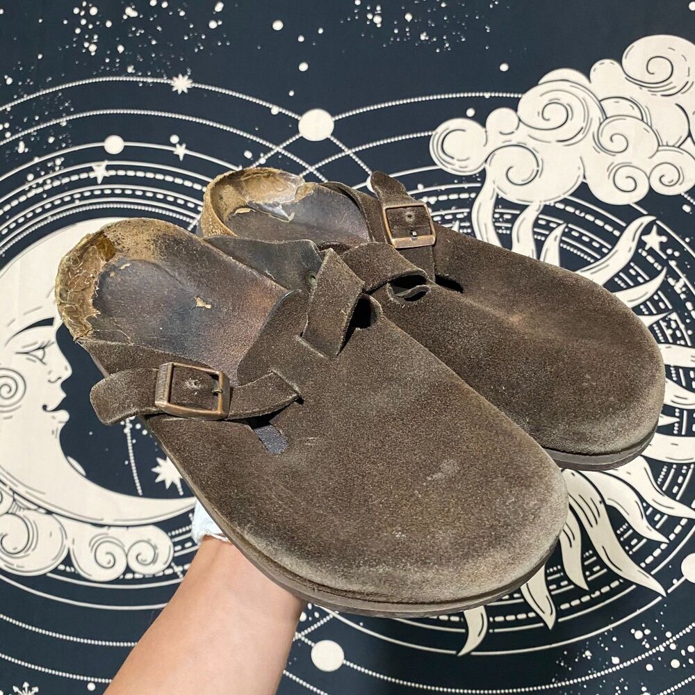 Birkenstock Boston Clog Shoes Mens Brown Suede Leather Slip-On Footbed Comfort